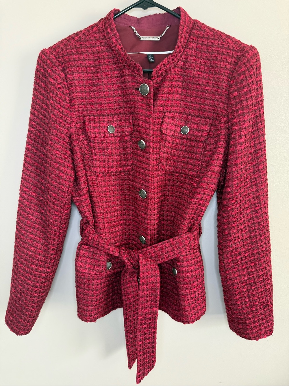 WHBM Cardinal Red Boucle Tweed Belted Blazer Jacket Preppy Academia Women’s 12